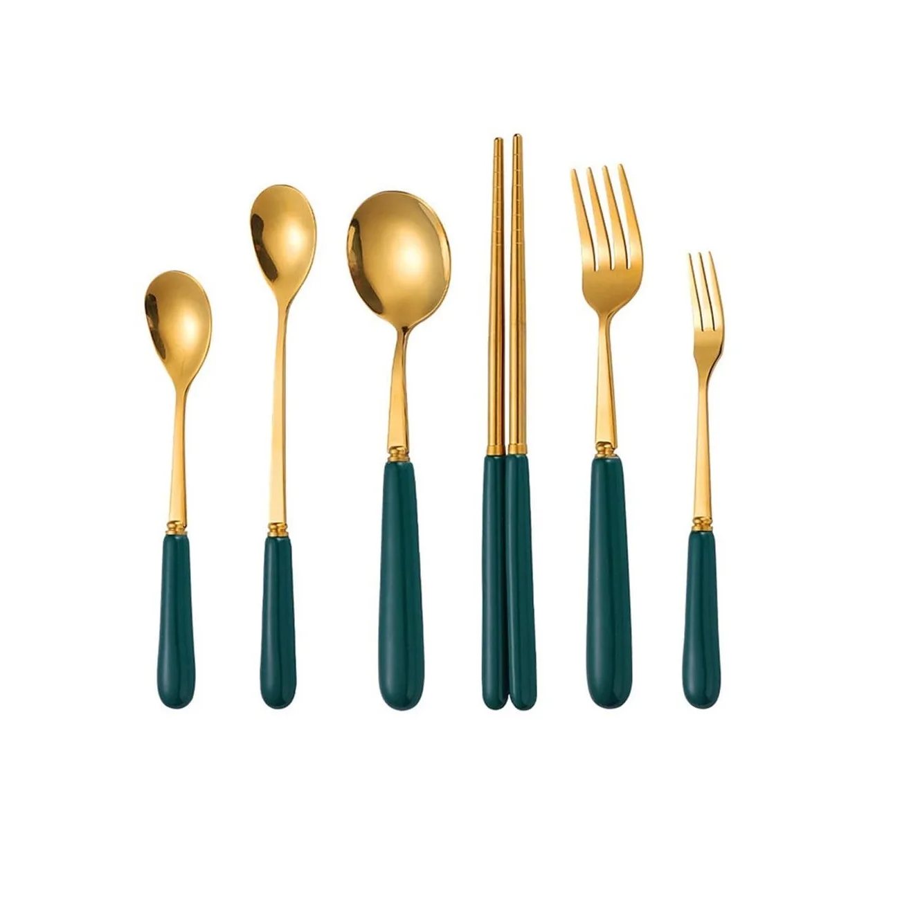 

Elegant Stainless Steel Cutlery Sets Flatware Set with Porcelain Handle Spoon Fork Knife Chopsticks Green Glazed Ceramic Grip