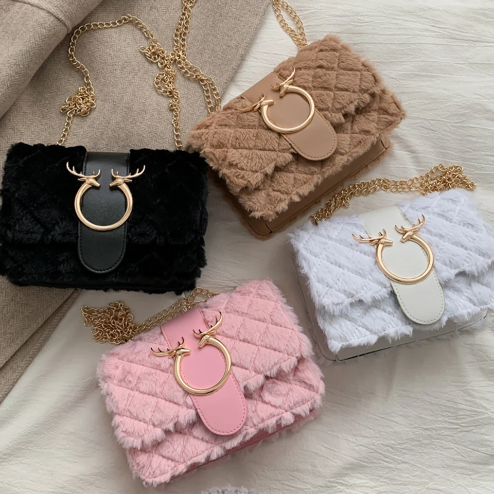 

2021 Winter Fashion Plush Leather Women Handbags Fur Cute Solid Color Chain Ladies Crossbody Bags