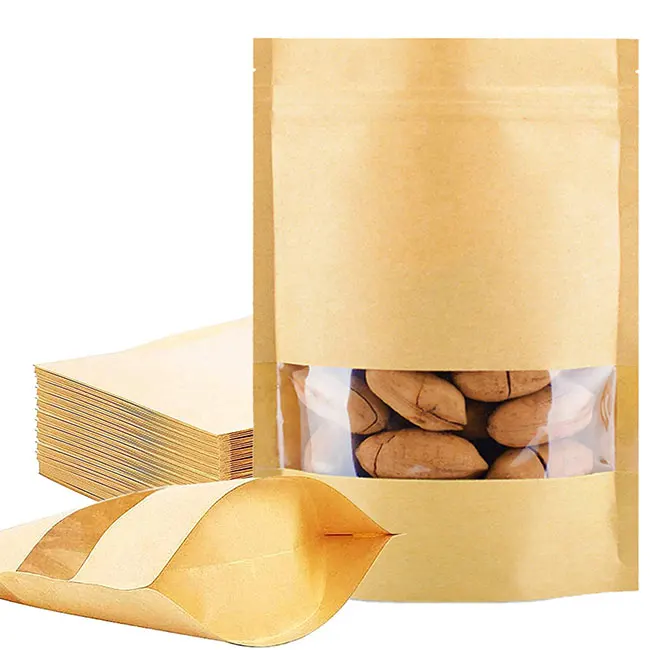 

Ready To Ship Wholesale Ziplock Food Packaging Stand Up Pouch Resealable Brown Kraft Paper Zipper Coffee Bags With Window