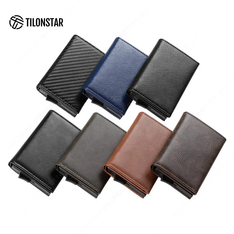 

Wholesale Custom Men Leather Metal Card Holder With Zipper Pocket Minimalist Slim Aluminum Pop Up Wallets RFID Blocking