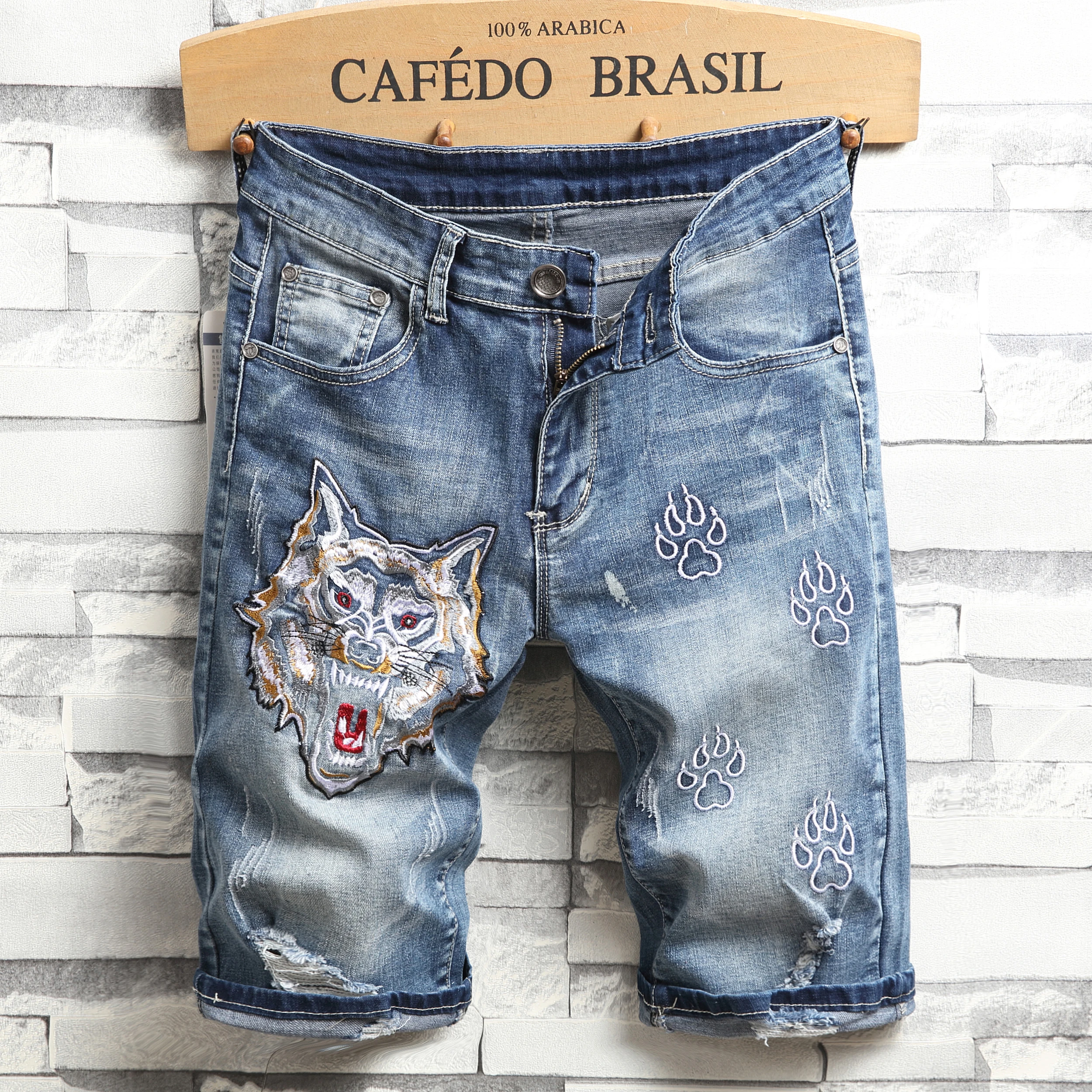 

AIPA Hot Sale Light Blue Embroidered Stretch Shorts With Holes In Wolf Figure, Customized color