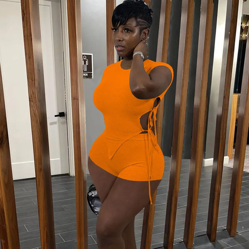 

FS4152A 2021 Top trend clothes women orange and green 2 piece set
