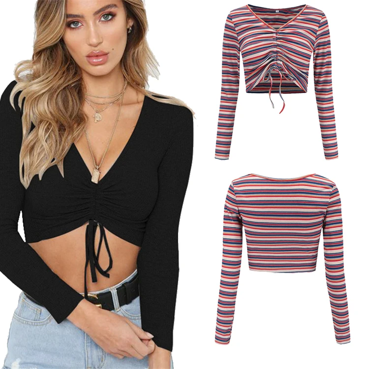 

Plus Size T Shirt Casual Spandex Soft Trendy Drawstring Pleat Front Rainbow Striped Knit Tops Sexy V Neck Ladies Crop Top, Picture shows