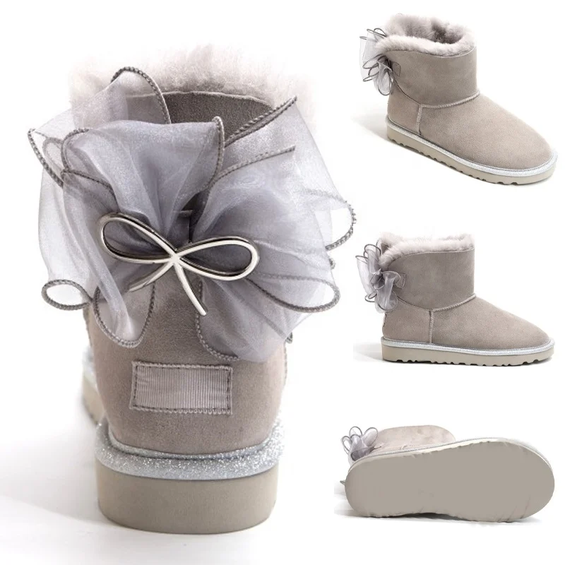 

Classics Genuine Australia Sheepskin Leather Mid-Calf Fur Lined Warm Outdoor Snow Sheepskin Winter Boots with bows for Women