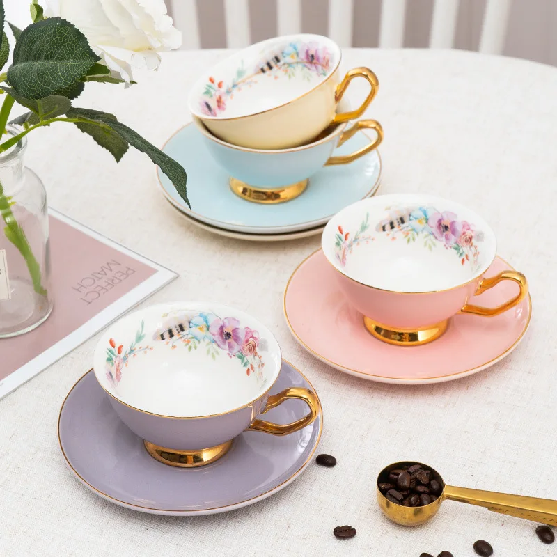 

Wholesale Cute Golden Handle porcelain Coffee Cup Ceramic Tea Cup and Saucer Sets Teacup, As the picture show