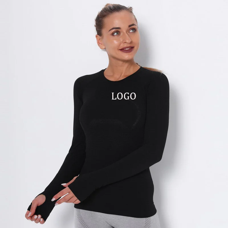 

2021 Foreign Trade Ladies Long Sleeved Sports Yoga T Shirt Quick Drying Round Neck Yoga Running Sweat Absorbent Top, As pictures