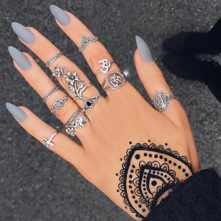 

12pcs/Set Boho Vintage Punk Gold Silver Stone Midi Finger Rings For Women Bohemian flower animal elephant Ring Set Jewelry, As picture
