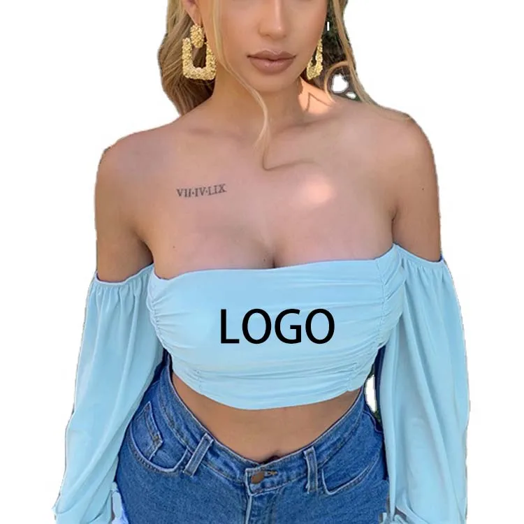 

2021 The New Fashionable Women Ladies Sexy Long Sleeve Strapless Shirt Off The Shoulder Sweet Tube Top Corset Crop Top