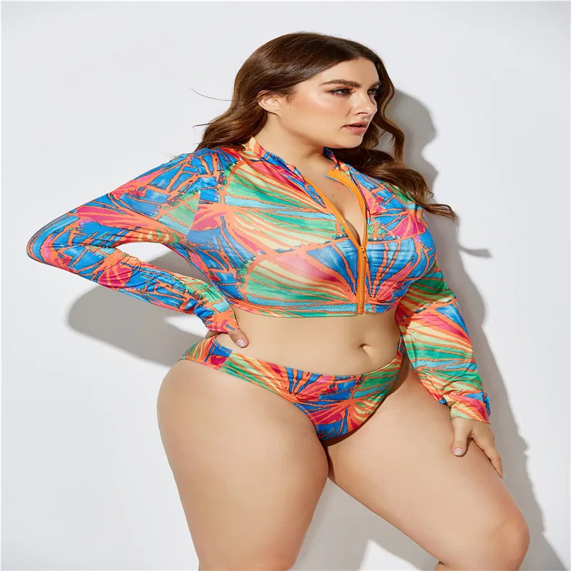 

triangle sporty active two-piece strapping swimsuit Ladies Plus Size Long Sleeve Thong Swimwear with Hat For Chubby, Picture showed