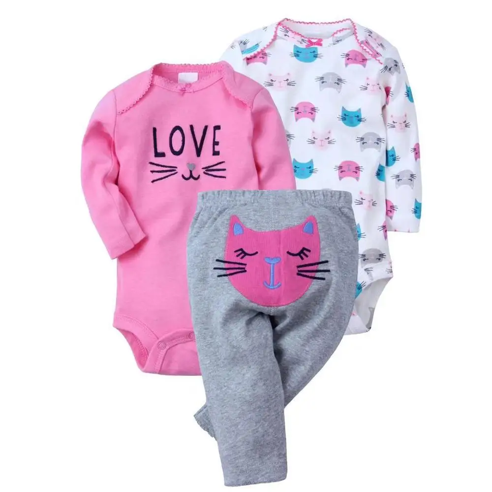 Wholesale fancy popular 3 pieces girl clothing set printed baby girl clothing cotton baby infant clothing set