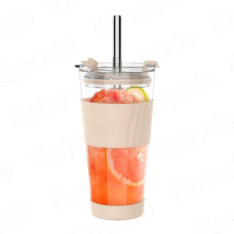 

Eco friendly BPA Free Reusable Glass Boba Bubble Tea Cups with Silicone protective sleeve And Wide Straws