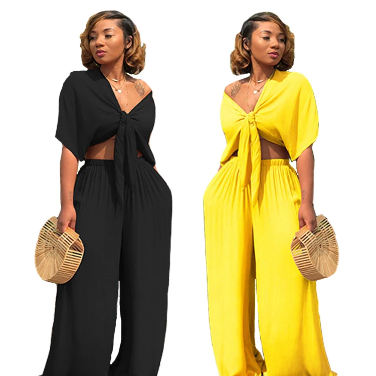 

New Deep V Short-Sleeved Sexy Two-Piece Solid Color Wide-Leg Pants Suit