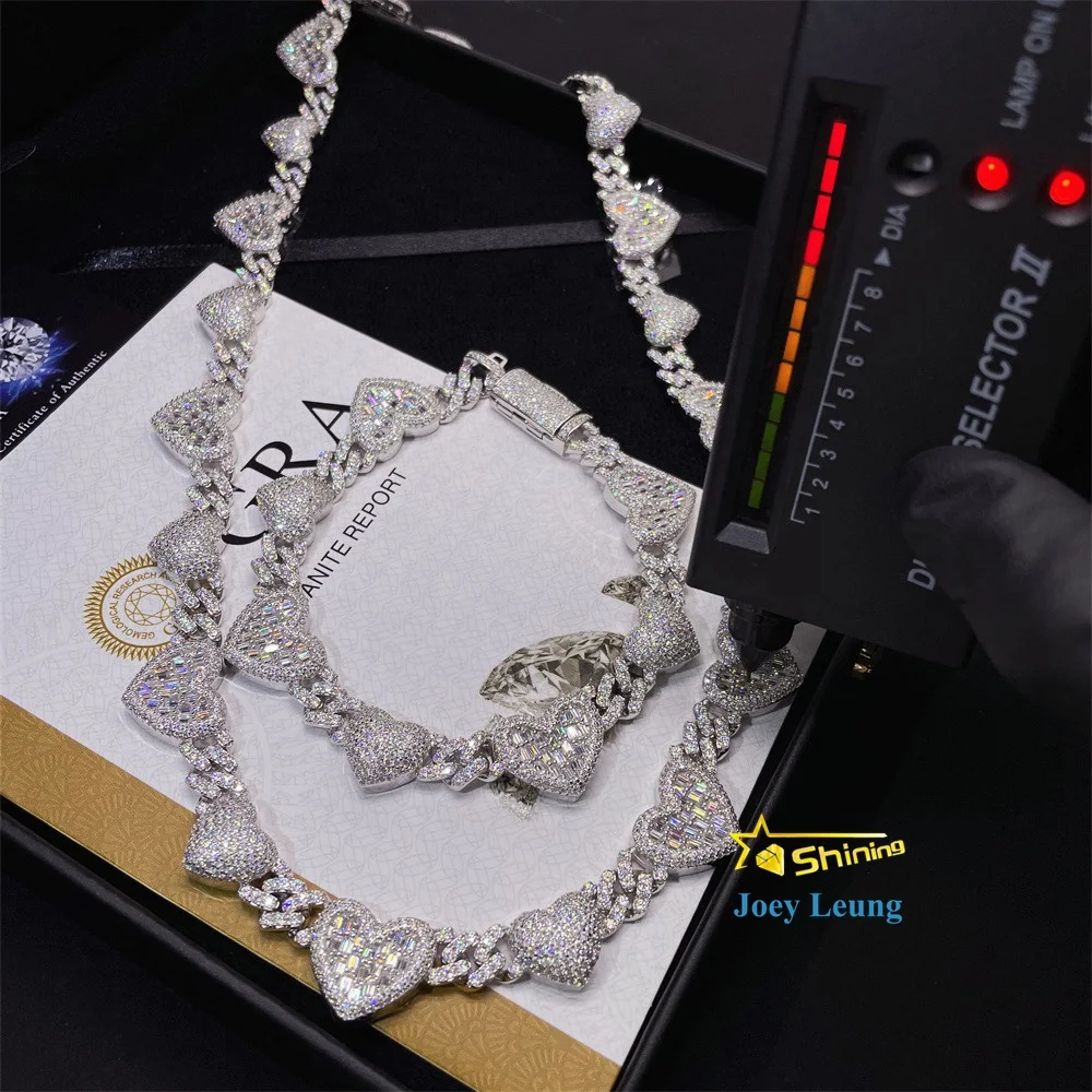 

Pass Diamond Tester Hip Hop Jewelry 925 Silver Gold Plated Necklace Heart Baguette VVS Moissanite Iced Out Cuban Link Chain