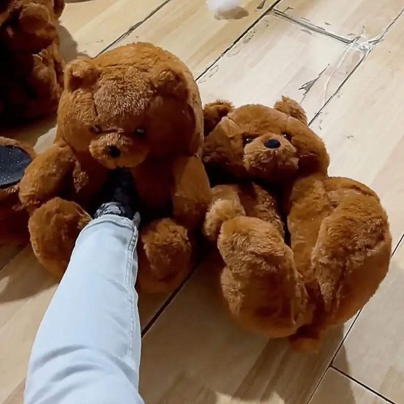 

2021Factory Direct Supply Warm Fluffy Indoor Soft Anti-Slip Faux Fur Cute Plush Teddy Bear Bedroom Ladies Shoes Women's slides, Picture
