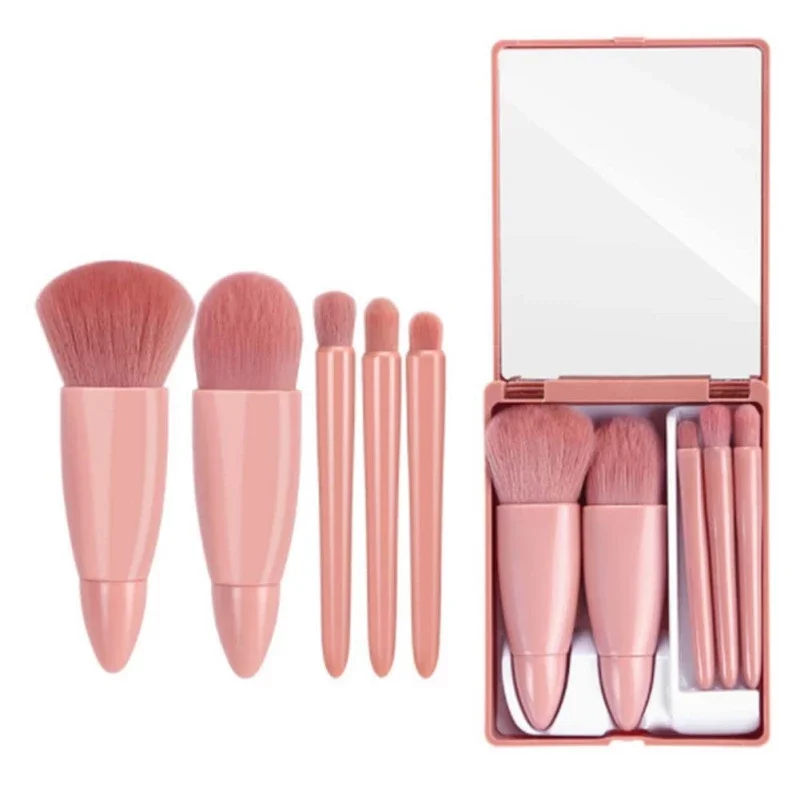 

5Pcs Foundation Powder Blusher Brush Portable Travel Mini Makeup Cosmetic Brushes Sets,Makeup Brush Mirror Set, Pink