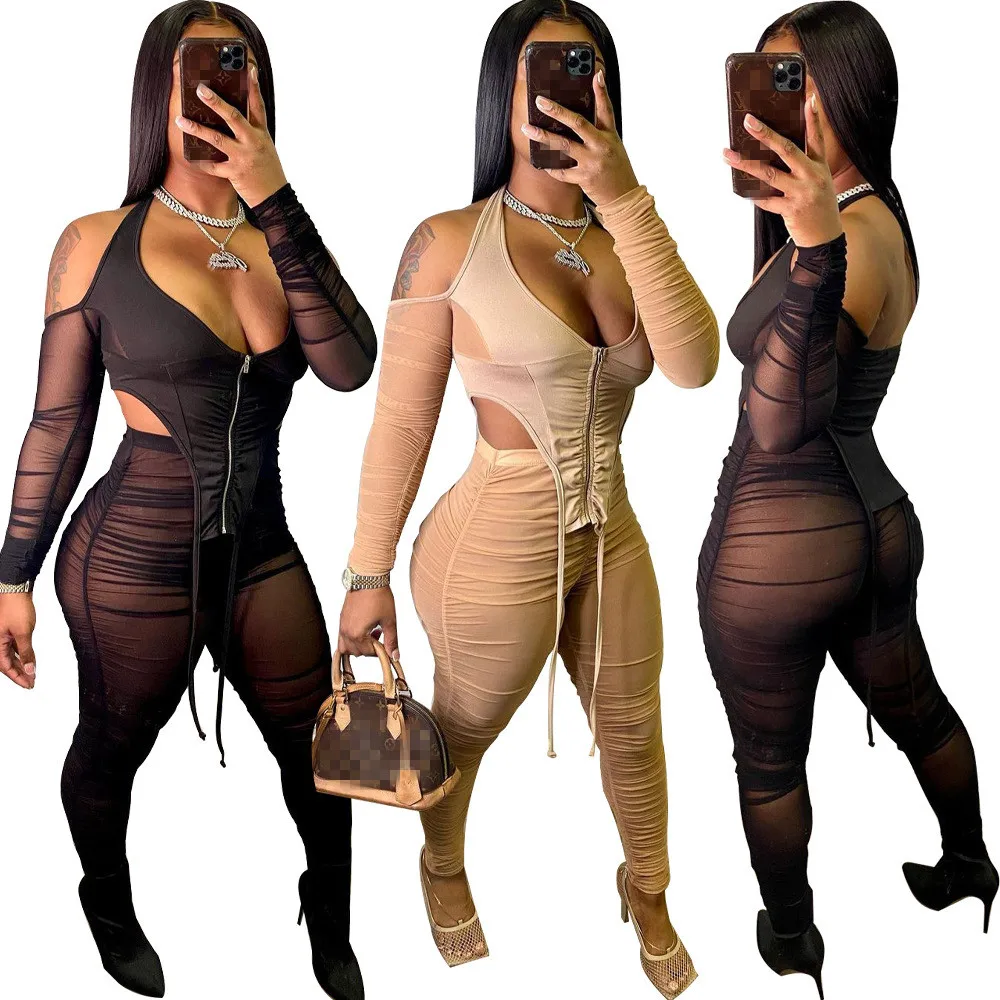 

B54190A Cross-border hot selling women fashion off the shoulder sexy mesh pants set, Black/apricot