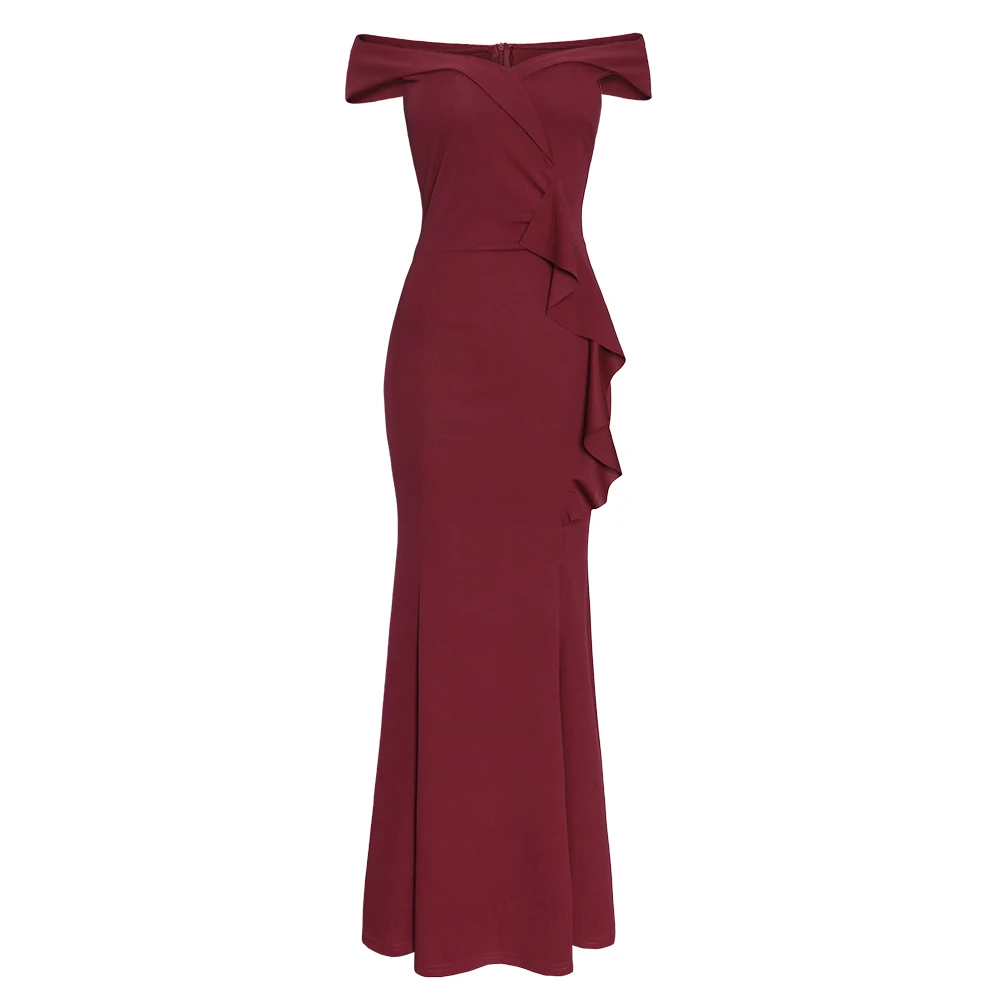 

2021 hot selling Supply Solid Color Off Shoulder Irregular Ruffle Women Evening Dresses, Customized color