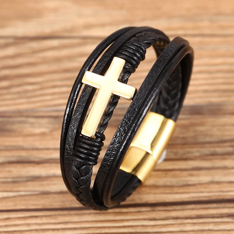 

Custom Laser Logo Religious Gold Plated Stainless Steel Buckle Leather Woven Men Bracelet