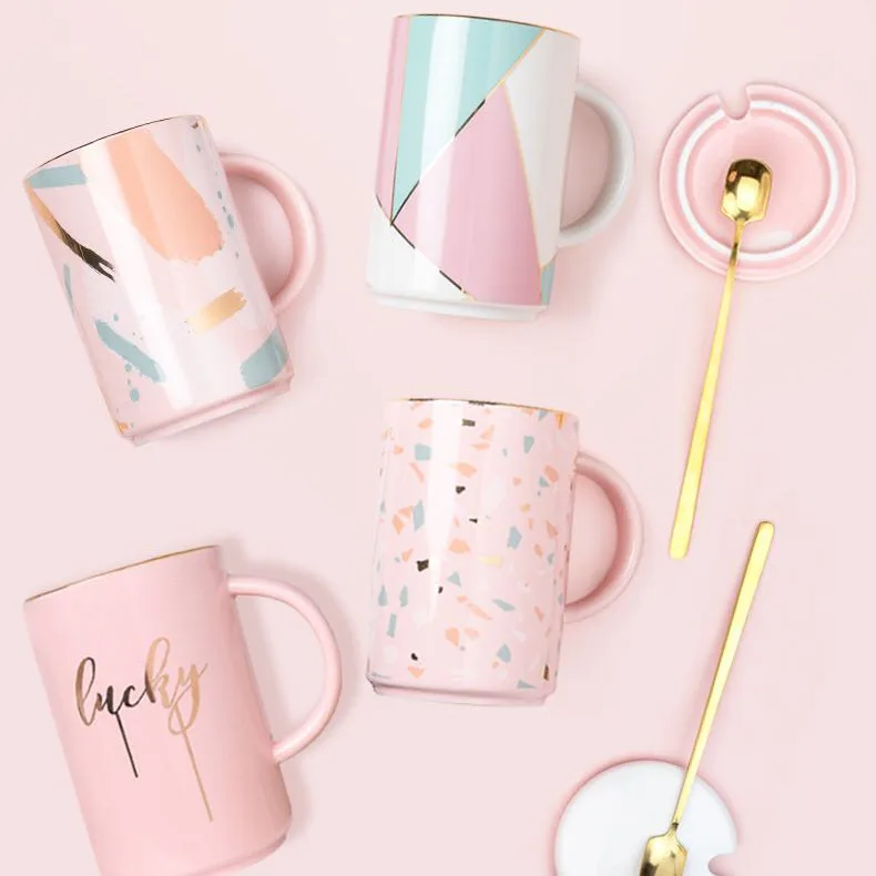 Feiyou wholesale custom 400ml pink gift milk porcelain cup sublimation reusable coffee ceramic mug with lid and spoon, Customized color