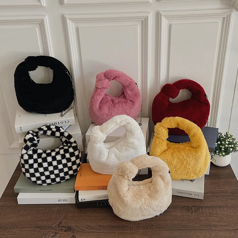 

JOWYAR Women Winter Ladies Elegant Solid Female Shoulder Bags Underarm Fashion Simple All-match Soft Plush tote bags