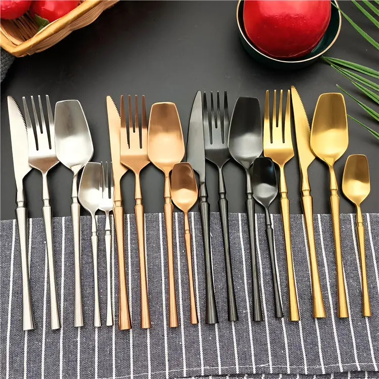 

New products 2022 unique design stainless steel 304 square canton Tower Handle Matte polish Flatware sets, Silvery,gold.rose gold,black,rainbow