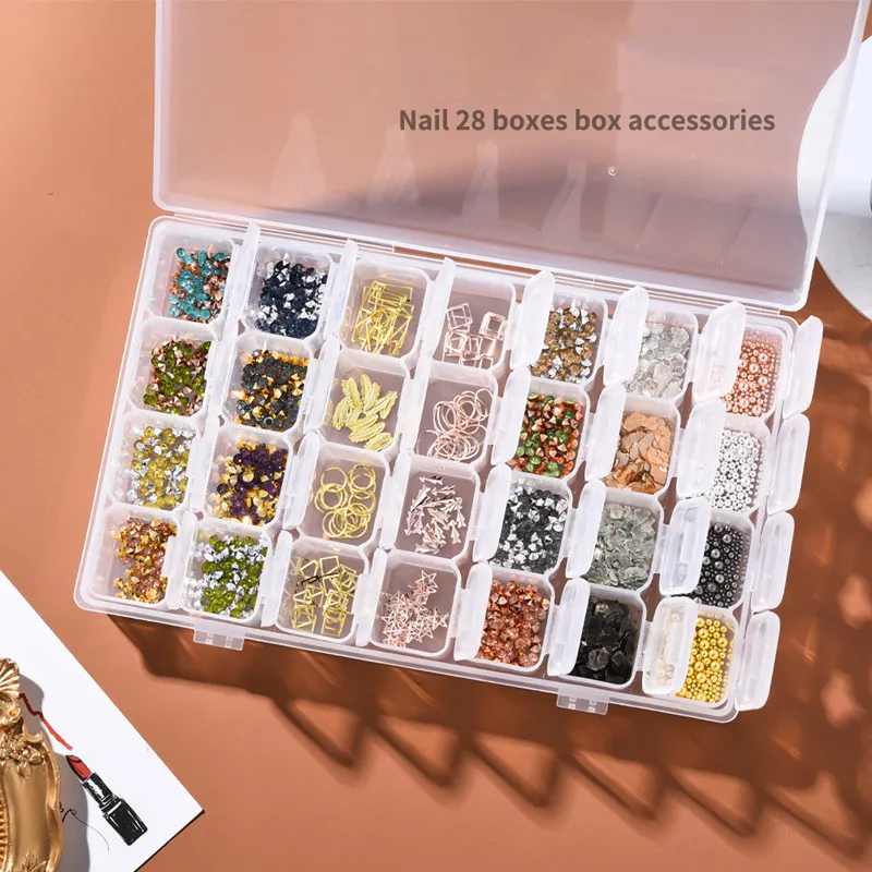 

28 Grids Boxed Nail Art Pearl Shell Rivet DIY Mixed Nail Salon Decoration Set, Colorful