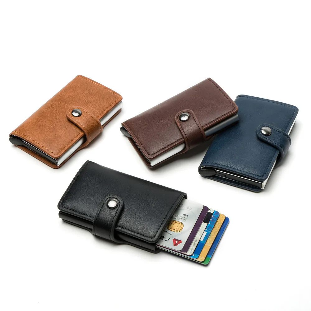 

Men Automatic Credit card holder Leather Wallet Aluminum Mini Wallet With Back Pocket ID Card RFID Blocking purse, 5 color