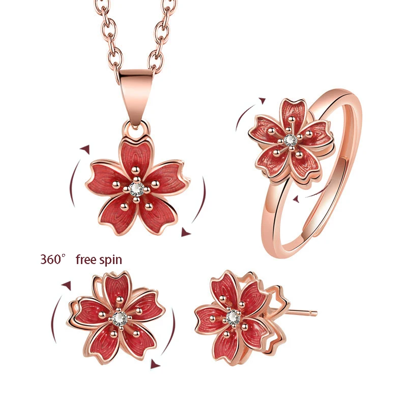 

G2141 Fidget Rotate Anxiety 925 Sterling Silver Rotating Rose Gold Spinner Cherry Blossom Necklace Earrings Ring Jewelry Sets