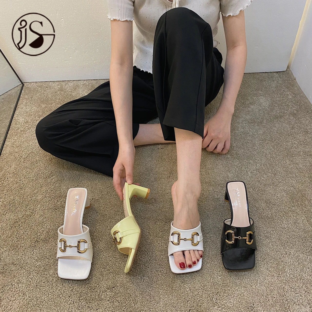 

2021 fashion metal button summer slippers colorful casual ladies sandals height increasing sandals for ladies, Customized color