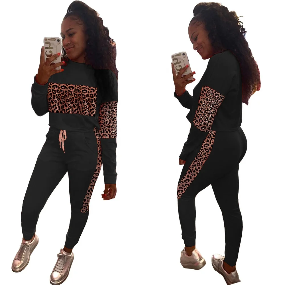 

B62086A fashion sports leisure leopard stripe hooded women clothing 2 piece pant sets