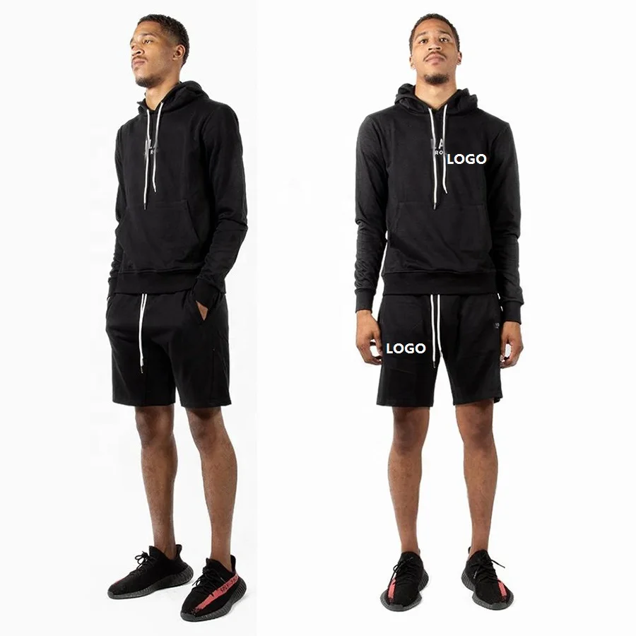 

custom logo wholesale solid plain male sweat shorts sweatsuit sets men 2 piece hoodie short set with jogers set, Black or oem