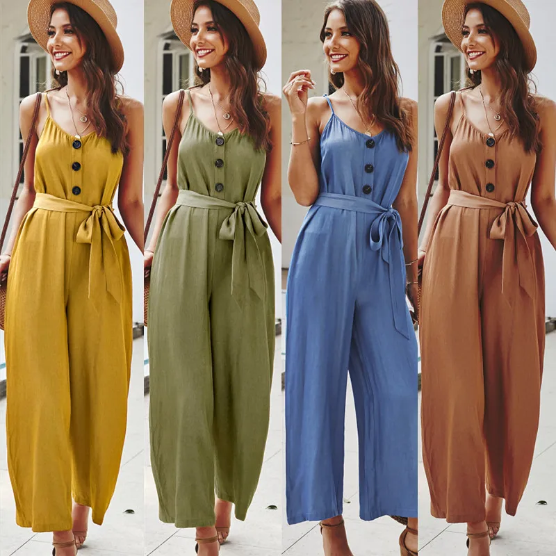 

New Summer 2021 Sexy V neck Women Jumpsuit Long Pants Solid Rompers Women's Sleeveless One Piece Bodysuit Jumpsuit High Waist, As pictures