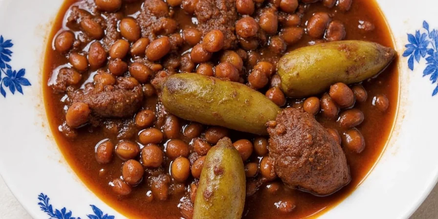 Brazilian flag beside a steaming plate of Feijoada