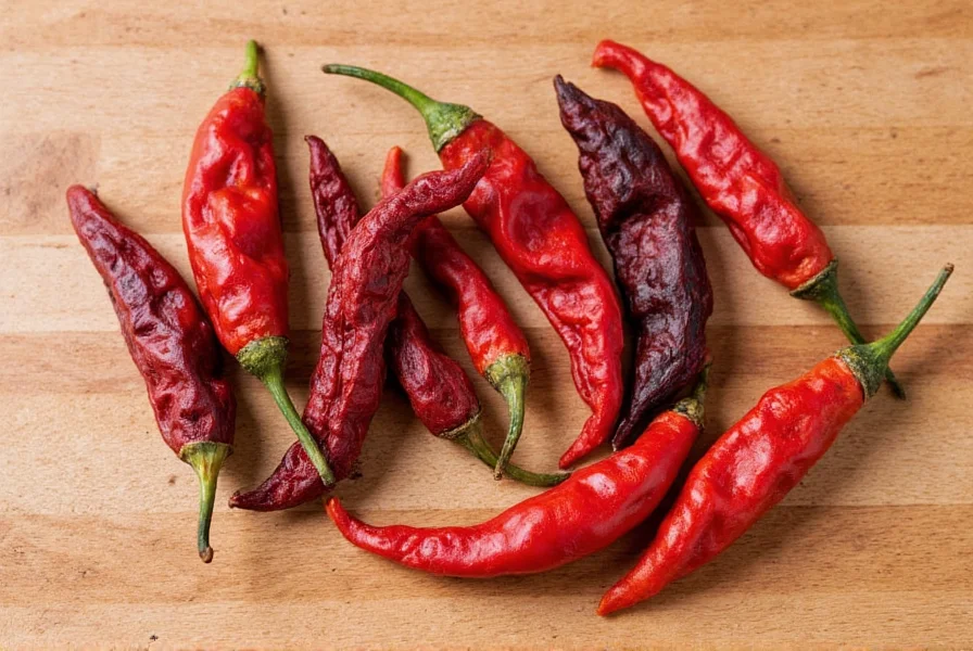 Traditional dried ancho, guajillo, and pasilla chilies arranged on wooden cutting board