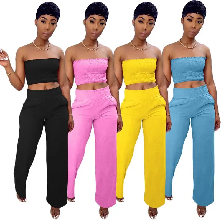 

Hot Selling Solid Color Spring High Waist Chest Wrap Top 2021 Women Fashion Clothing Two Piece Pants Set