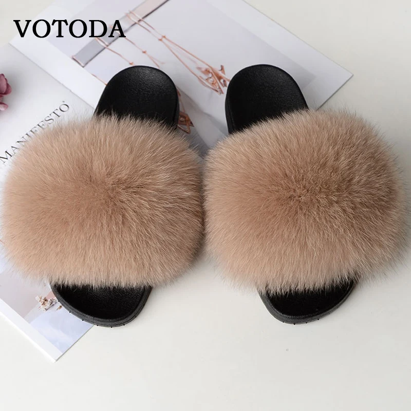 

Hot Sale Women Fur Slippers Real Fox Fur Slides Fluffy Furry Fur Sandals Woman Home Slippers Ladies Sweet Cute Fuzzy Plush Shoes