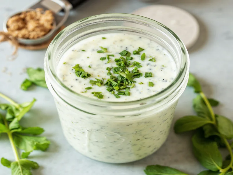 Homemade ranch dressing in mason jar with fresh herbs