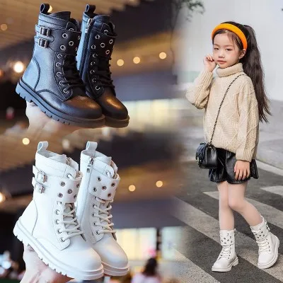 

Factory Spring Autumn Princess British Style high boys girls Children's Boots, White/black-1/beige/black-2