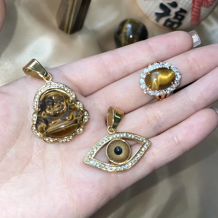 

Jialin Jewelry wholesale cheap pendant gold plated brown tiger eye jade eye buddha charm necklace