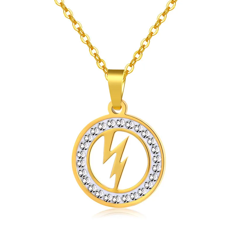 

Fashion Jewelry Stainless Steel Crystal Round Coin Pendant Necklace Cubic Zirconia Lightning Necklace For Party