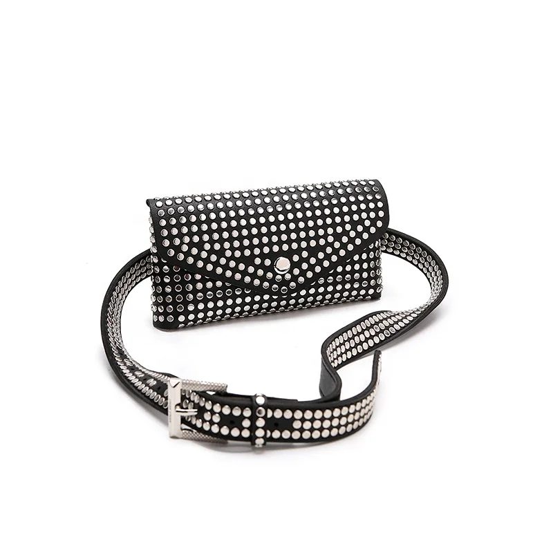 

fashionable luxury designer handbags ladies chest purse custom logo Leather girl crossbody women fanny pack waist bag with rivet, Black