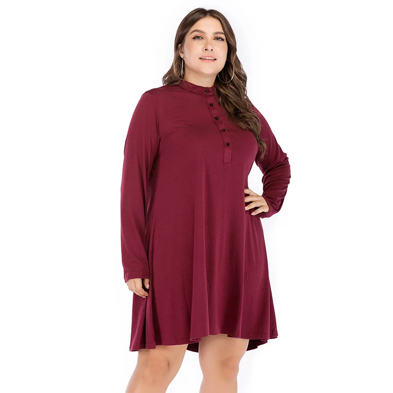 

LEX Plus size fat women clothing 2021 dresses women long sleeves ladies O neck loose casual solid color woman dress, Wine red