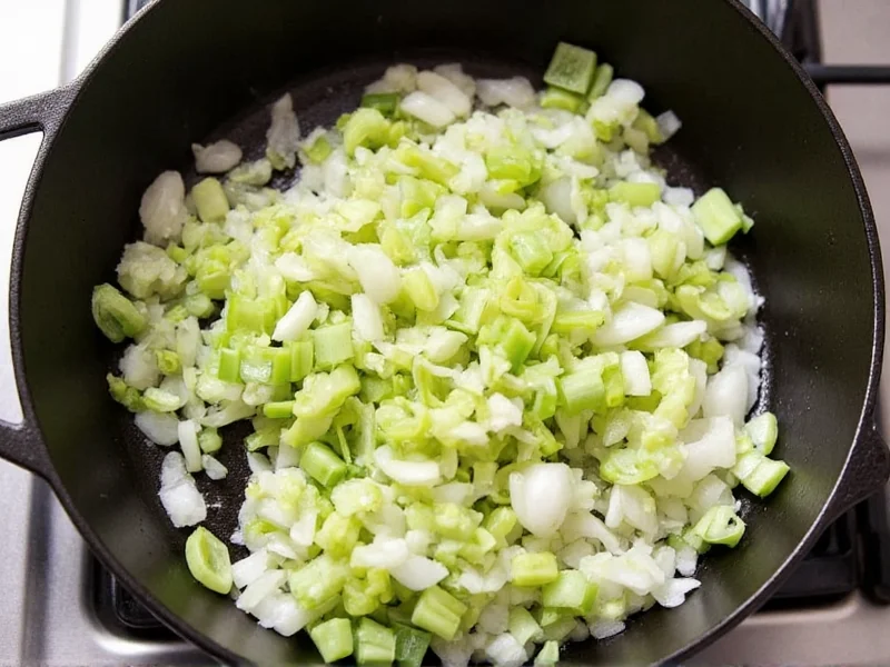 Sautéing onions and celery in cast iron skillet for stuffing