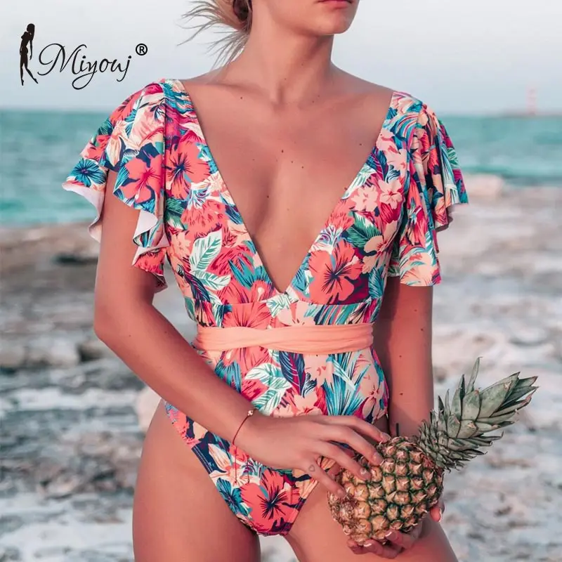 

Miyouj New print swimwear deep V-neck ruffle swimsuit push up one piece swimsuit sexy womens backless monokini, Customized colors