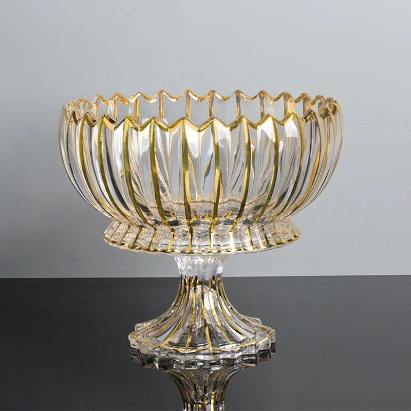 

ENGRAVED GOLDEN STREAK LINE PEDESTAL FOOTED FRUIT PLATE DISH BOWL WITH BASE, Gold