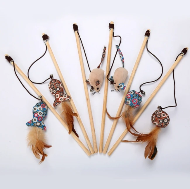 

Wooden Cat Teaser Stick Floral Fish Ball Mouse Cat Toy Cat Teaser Toys