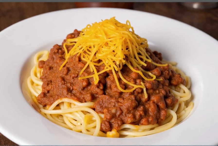 Cincinnati chili served as a three-way with spaghetti topped with meat sauce and melted cheddar cheese