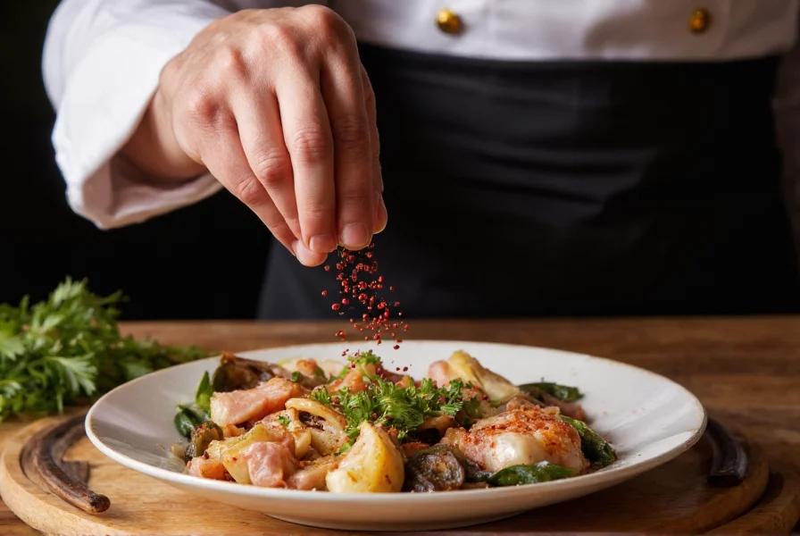 Chef sprinkling sansho pepper over finished dish showing vibrant red spice contrast