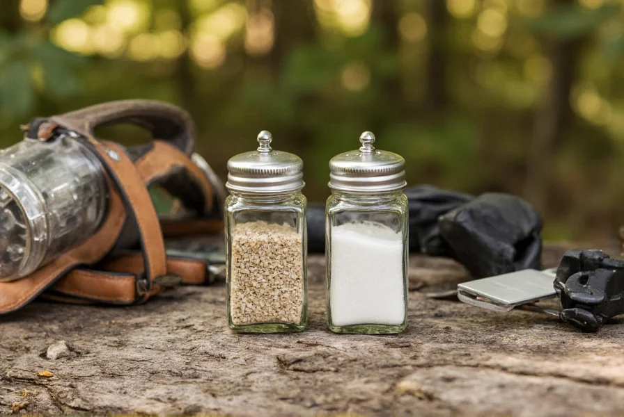 Set of miniature glass salt and pepper shakers next to camping gear showing practical outdoor use