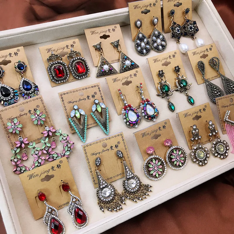 

PUSHI wholesale mix jewelry bulk vintage earrings exaggerated aretes bohemian earrings rhinestone crystal long tassel earrings